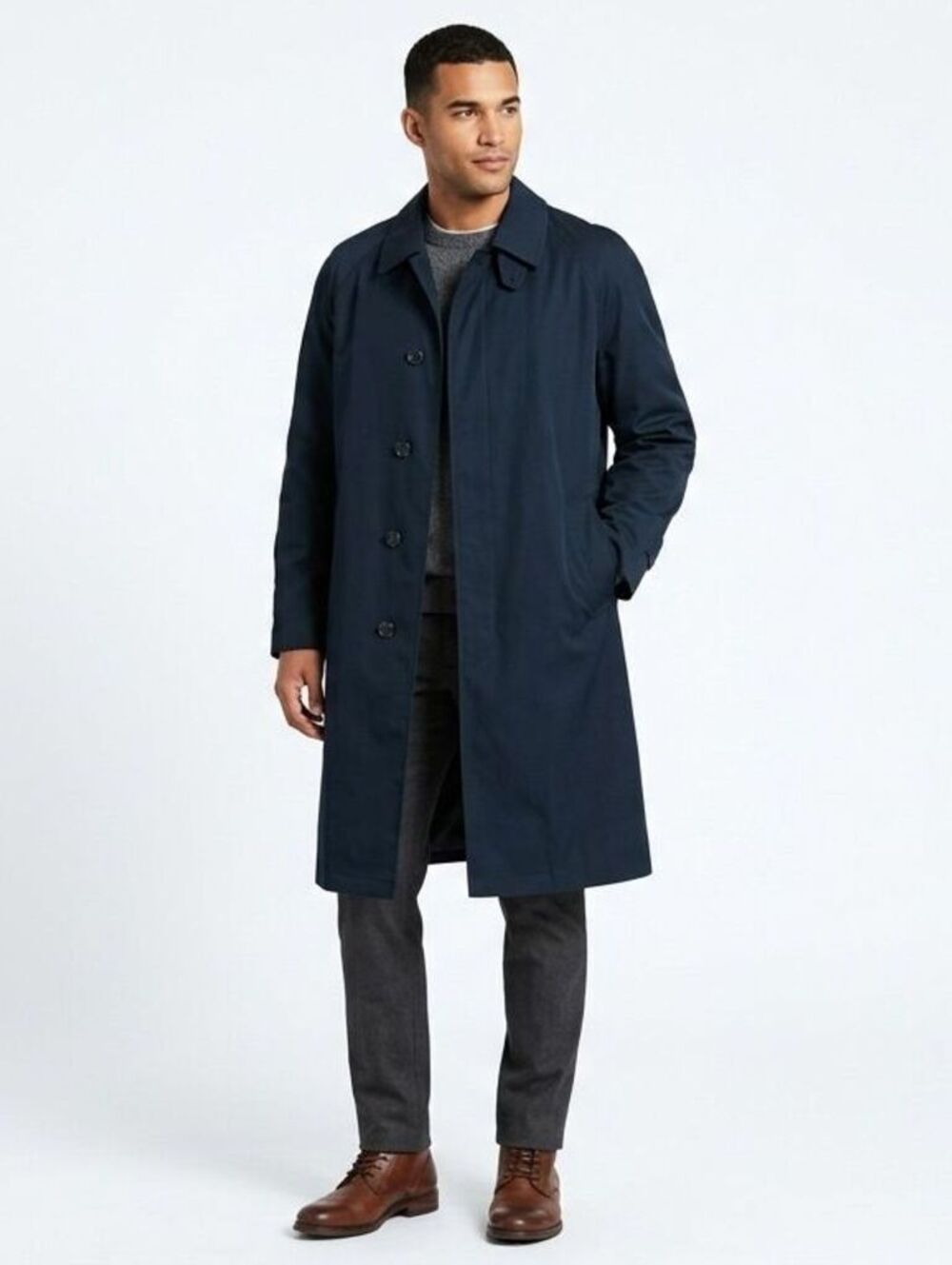 London Fog 40R Navy Classic Rain Trench Coat Cotton Blend Overcoat Vintage 1980s